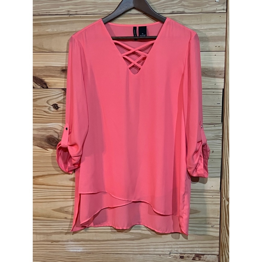 New Directions Coral Pink Wrap 3/4 Sleeve Roll Tab V-Neck Boho Blouse Womens XL